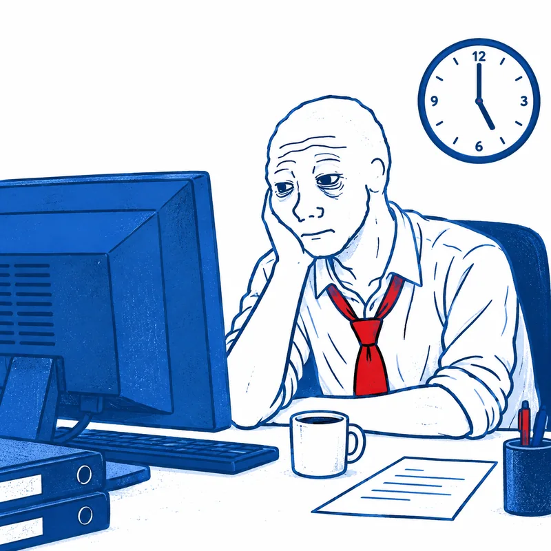 An exhausted office worker in a red tie staring at his blue monitor as the clock hits five